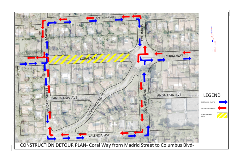 Detours Map on Coral Way between Madrid Street and Columbus Blvd